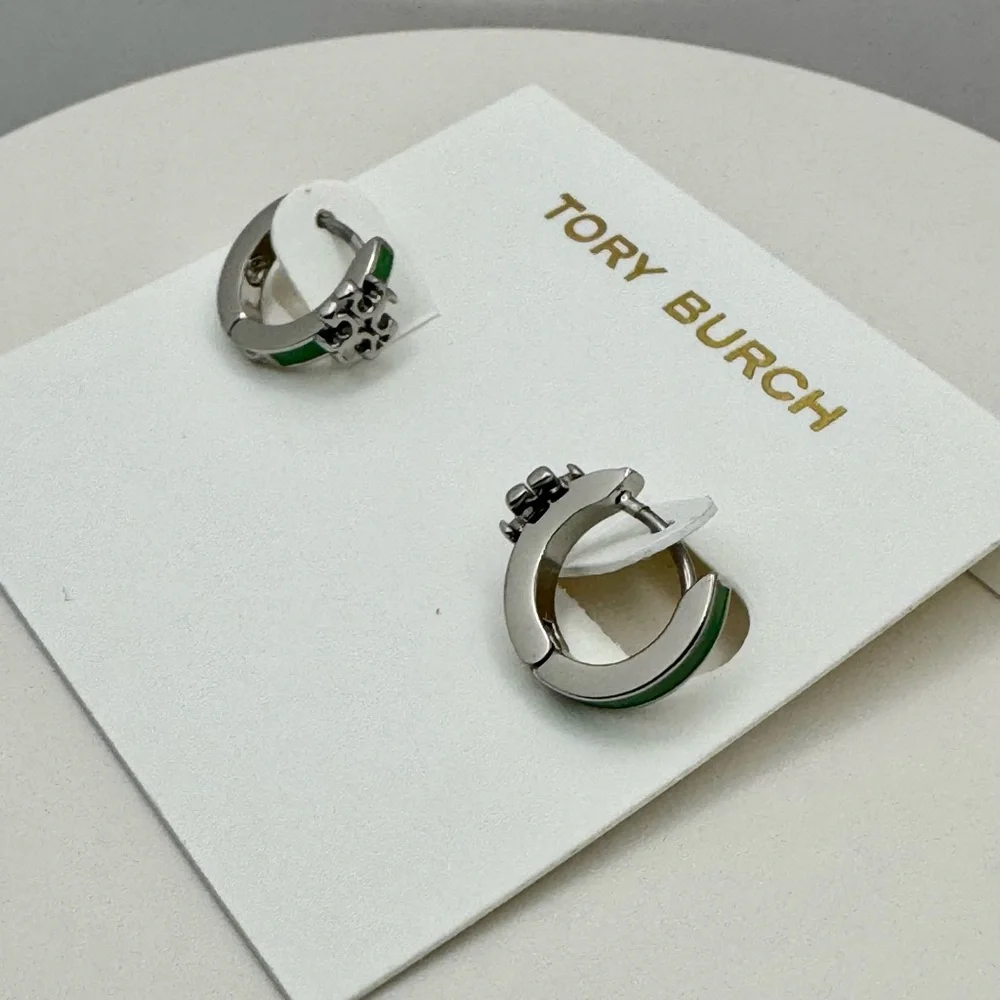 Tory Burch Kira Silver & Green Enamel Small Huggie NEW